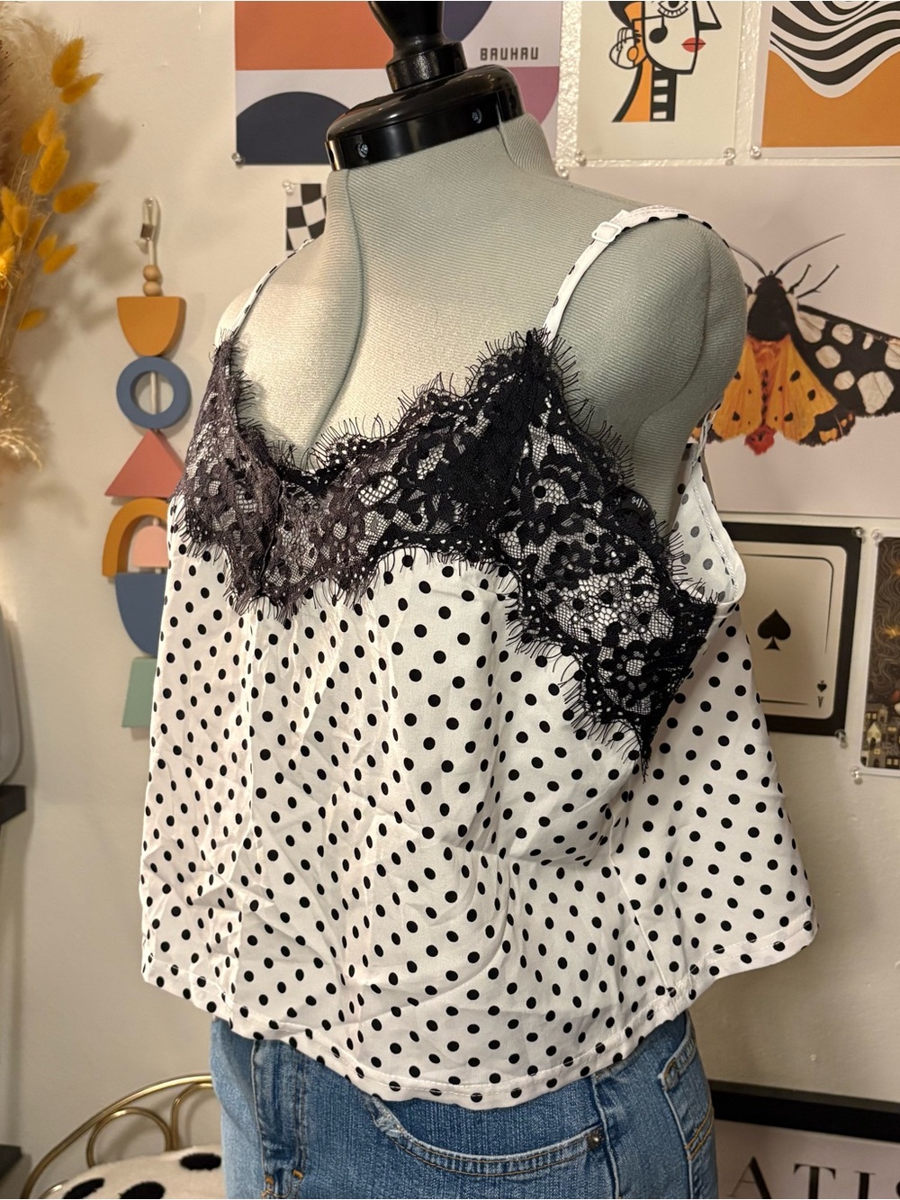 Nasty Gal White Polka Dot Cami with Black Lace Trim - Picture 3 of 6